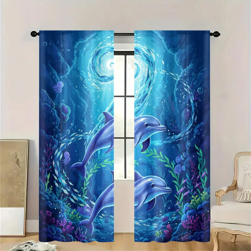 Decorative Ocean Dolphin Curtains Tropical Deep Sea Window Drapes Light Filtering sheer Panels for Aquarium Bathroom Home Decor