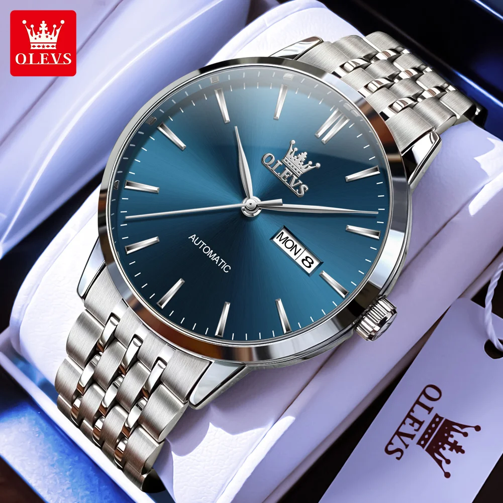 

OLEVS 7048, механические мужские часы с двойным календарем, водонепроницаемые светящиеся мужские наручные часы из нержавеющей стали