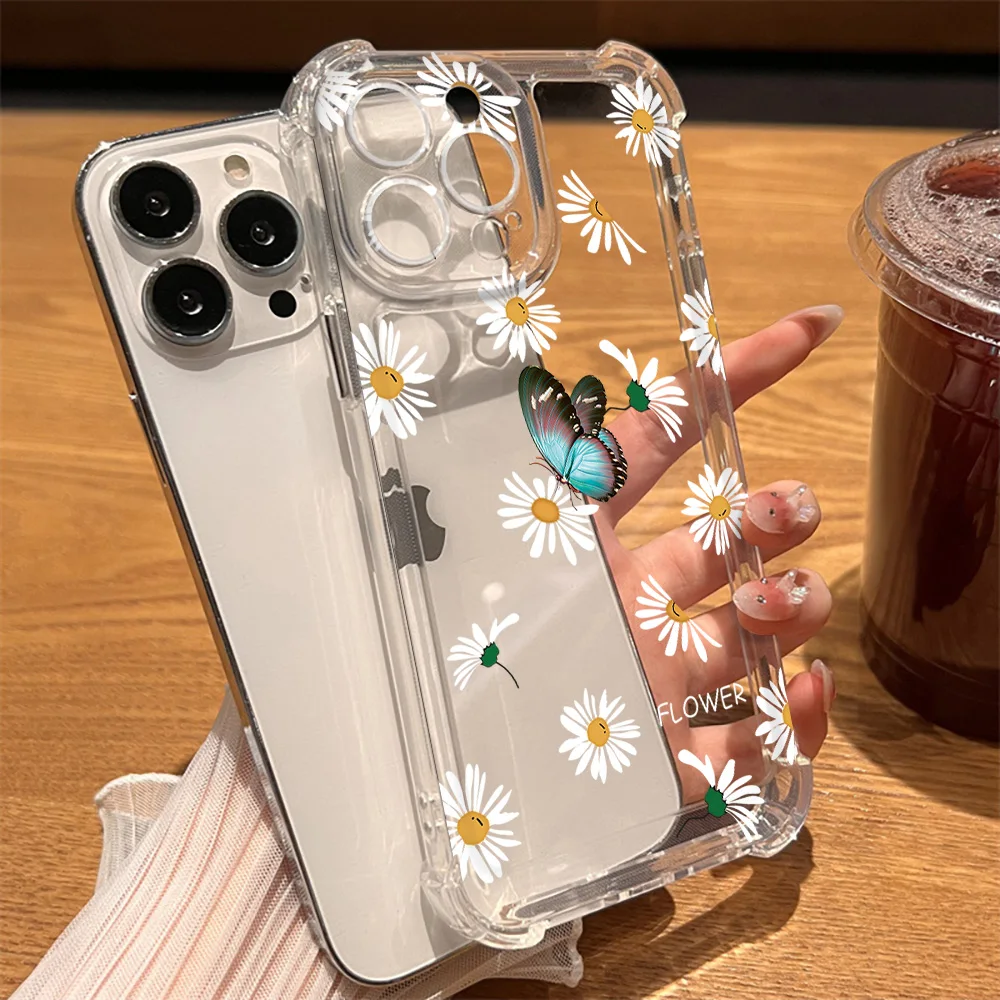 

Transparent Shockproof Phone Case for iPhone 15 14 13 12 11 Pro Max Mini XR XSMax 7 8 Plus SE Daisy Butterfly Hard Back Fundas