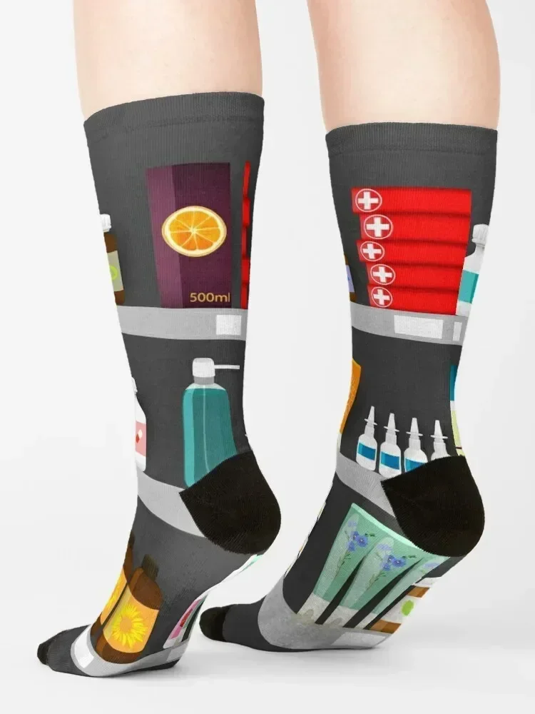 Pharmacy shelves with medicine bottles, sprays and pills Socks hiking luxe Christmas Socks For Men Women's