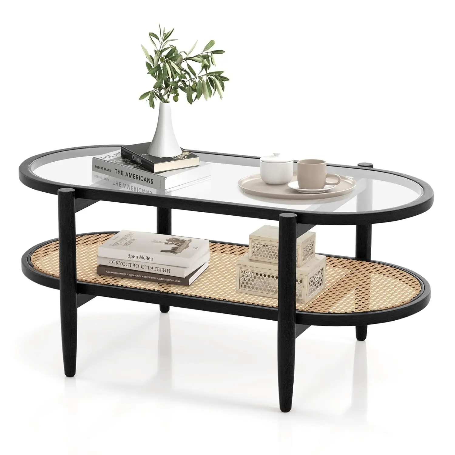 

Coffee Table, 40”L Oval Wood Cocktail Table With Tempered Glass Tabletop & Storage Shelf, 2-Tier