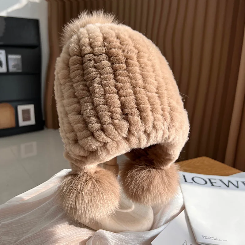 

Women Knitted Mink Fur Ear Warm Cap The Spiral Beanies Cap With Fox Fur Pompom On The Top Winter Hot Sale Real Mink Fur Hat For