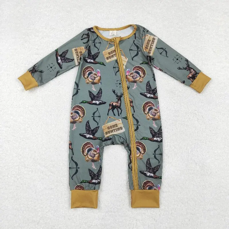 8.21y Bamboo Baby Boys Romper with Christmas Hat Puppy Blue Zipper Long Sleeve Onesie for Wholesale Boutique