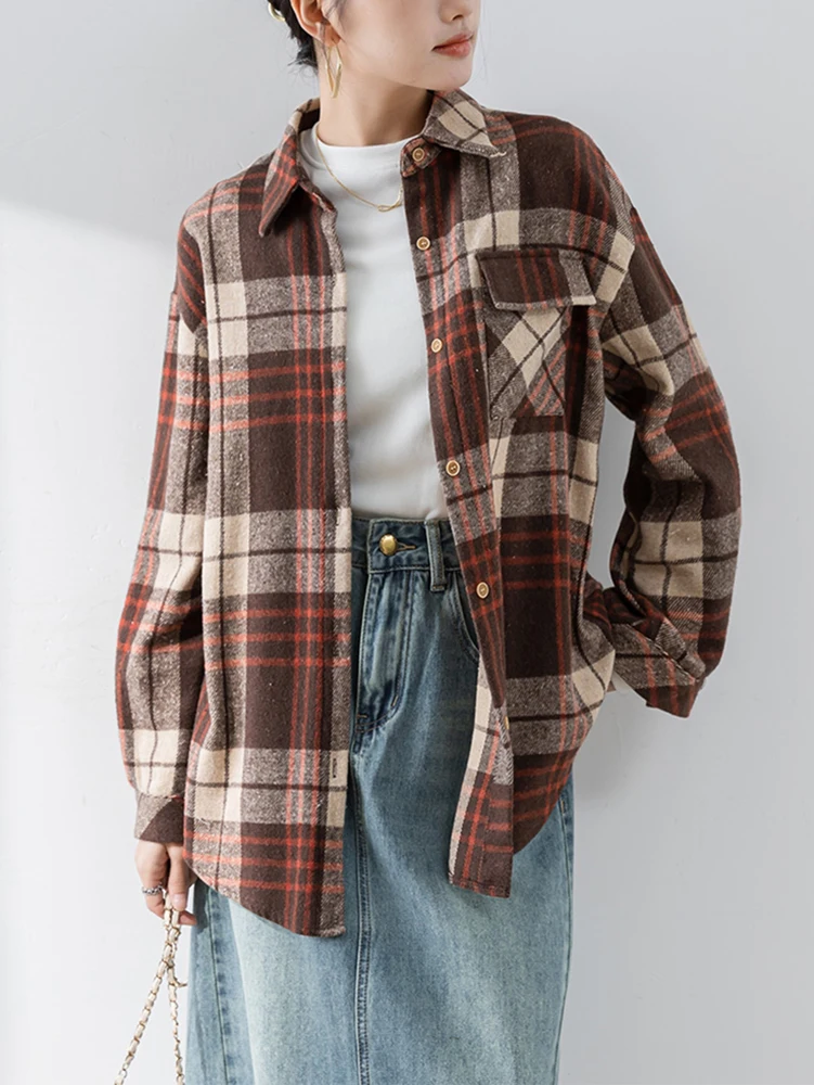 

Korean Style Plaid Blouse Women Clothes Vintage Pockets Long Sleeve Blouses Woman Casual Tops Loose Shirts Female Spring Autumn