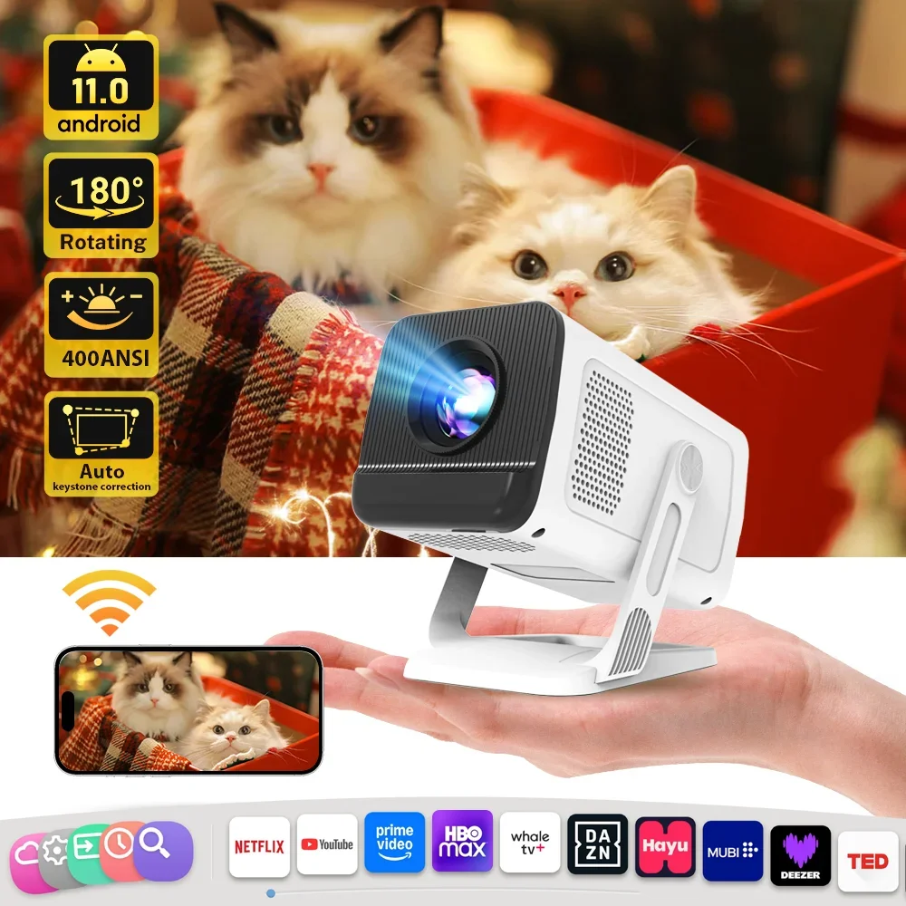 Projetor LynCast Home Theater 4K com Projetor Portátil Wifi6 e BT5.4, Projetor Android 11.0, Auto Keystone, 180 °   Flexível