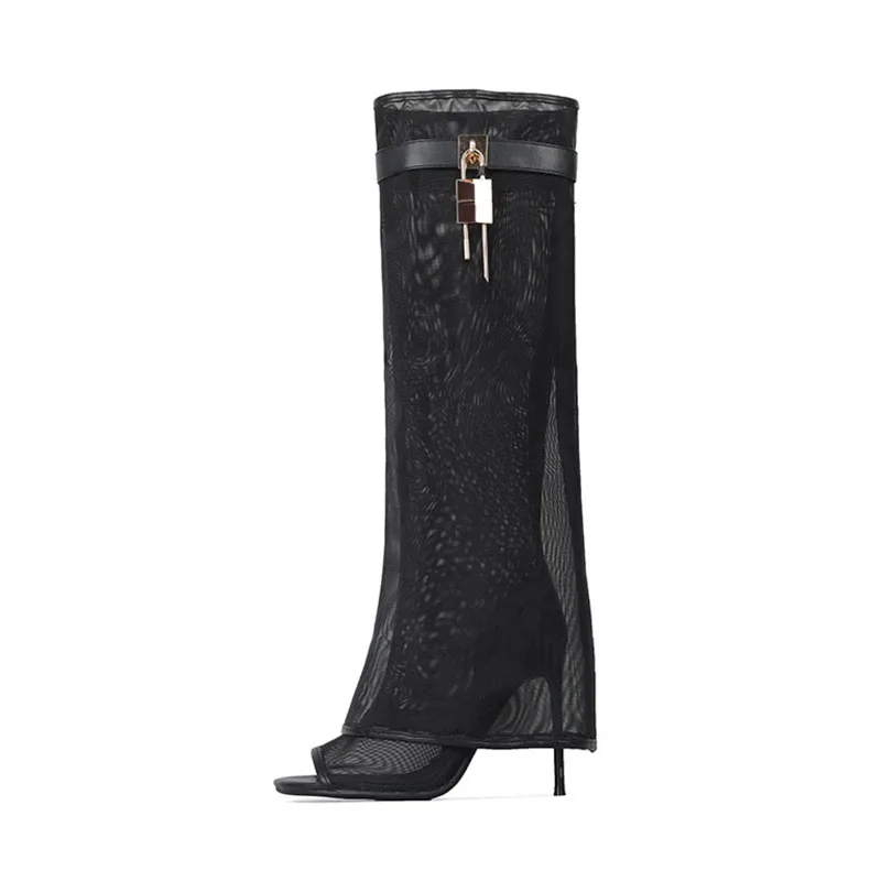 

Arden Furtado Summer Mesh Thin heels Knee high boots Round toe Super high heel Turned-over Edge Metal buckle peep toe Cool boots