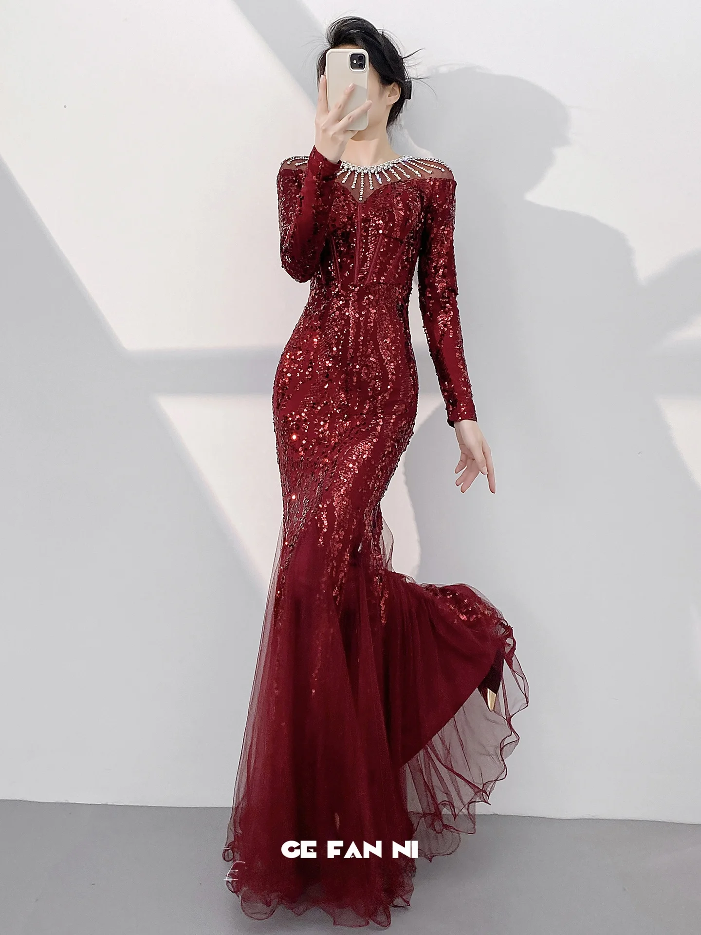 

Ele Evening Gown Women's 2026 New High-End Sensation Annual Meeting Host Sequin Fi Tail Wine Red Engagement Toast Dr