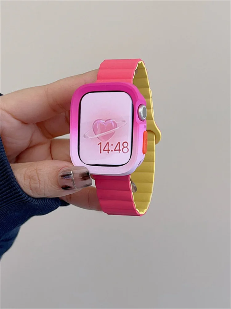 Cinta de silicone bonito e caso mudança gradual para Apple Watch, Coréia Band, Ultra2, iWatch Series 9, 8, SE, 7, 6, 5, 4, 49mm, 41mm, 45 milímetros, 40 milímetros, 44 milímetros, 42 milímetros