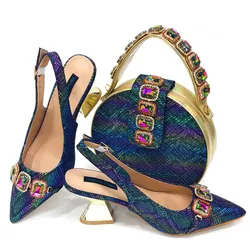 New Arrival Special Style Italian Design African Women Shoes and Bag Set Nigeria Ladies Shoes and Bag in Rainbow Green Color