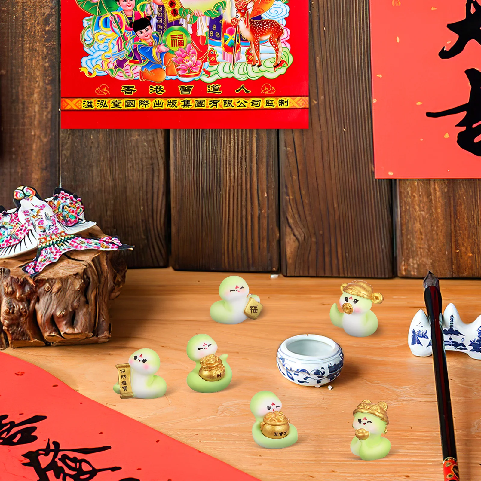 

6 Pcs Lucky Snake Ornaments Adorable Resin Figurines Home Car Decor Year Cute Statue Shelf Table Animal Reptile Cartoon New Year