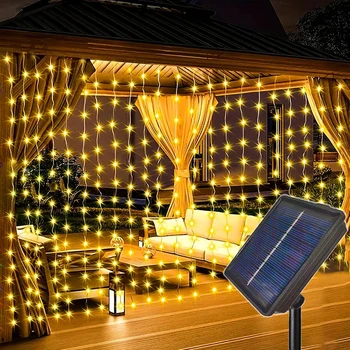 태양광 커튼 조명, 300, 200, 100LED, 야외, 실내 방수 요정 조명, 축제 새해 LED 조명, 크리스마스, 1 PC 