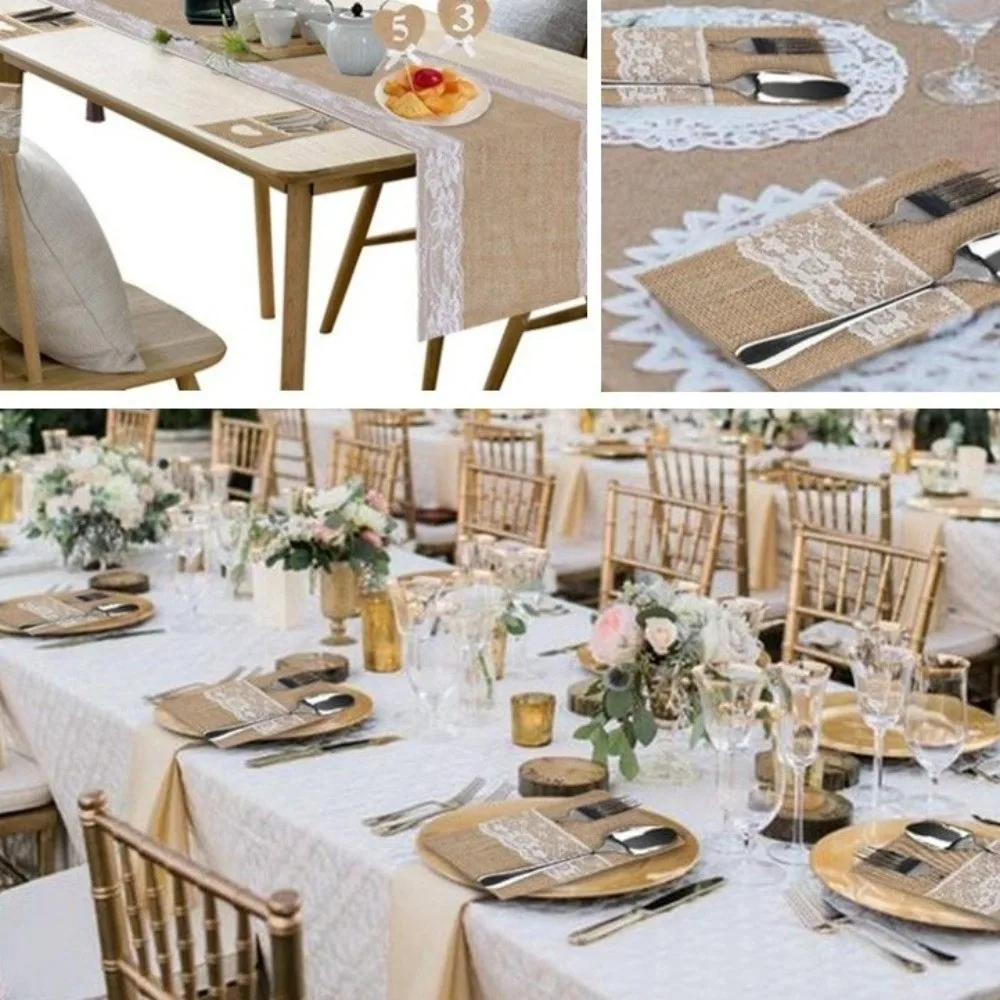 

Декоративные мешочки для столовых приборов в деревенском стиле из льняной ткани с кружевом, держатели для приборов из мешковины, свадебный декор