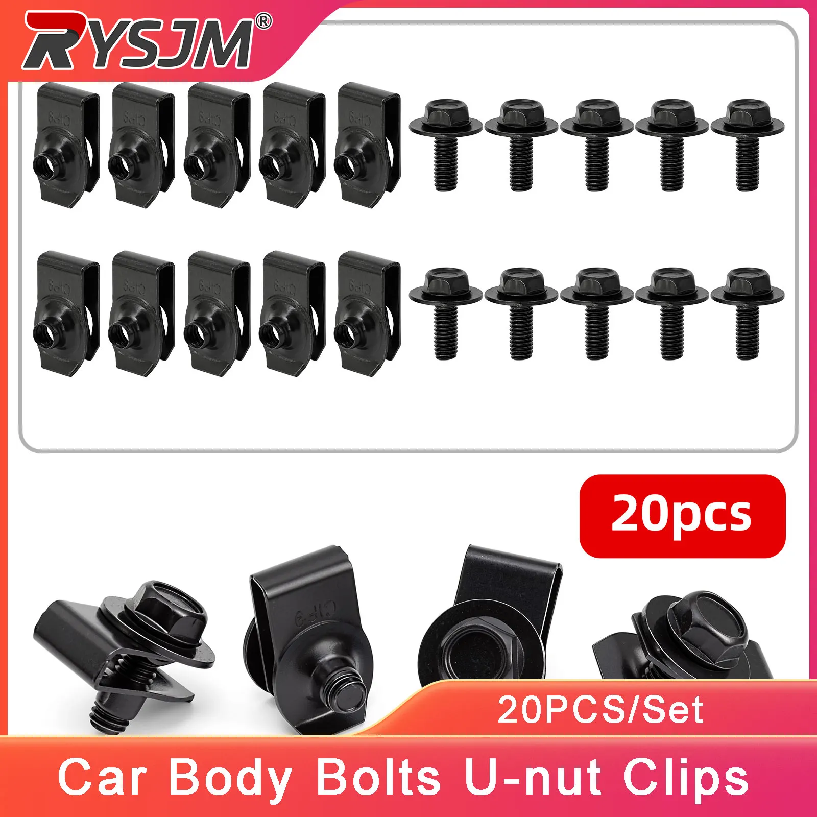 20PCS Car Body Bolts U-nut Clips M6 Fender Bumper Buckle U-shaped Clips Bolts Screw Rivet Screws Clips Set Car Accessories