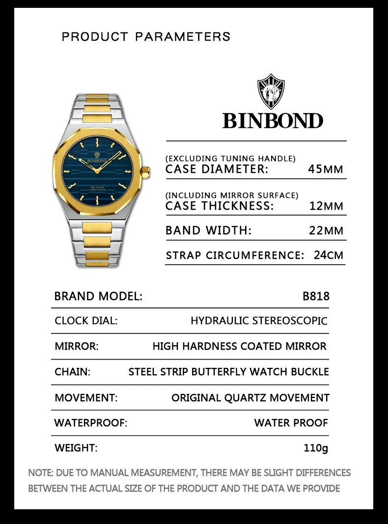 BINBOND B818 Men Watch Light Stainless Steel Men's Top Luxury octagon Waterproof Male Business Leisure Fashion Quartz Watches