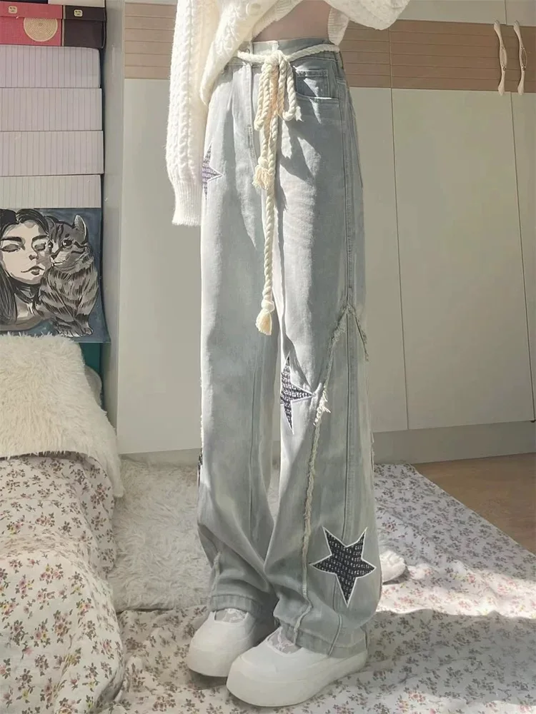

Джинсы унисекс с пятью звездами Y2K, американские джинсы High Street в стиле ретро, прямые брюки свободного кроя с высокой талией, утягивающие широкие длинные брюки, осень