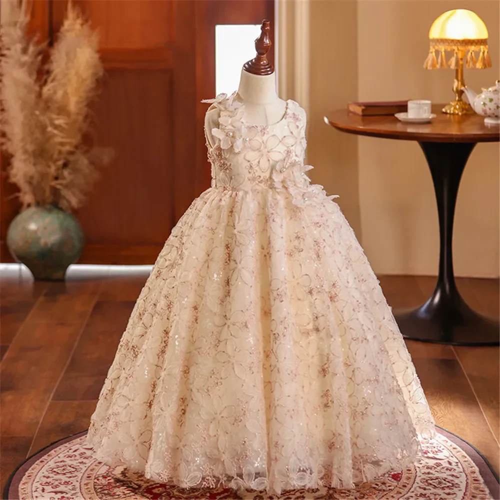 فستان فتاة الزهور لحفلات الزفاف الوردية المخصصة منتفخ أول مناولة لطيفة للأطفال بدون أكمام بطبقات لحفلات أعياد الميلاد #3