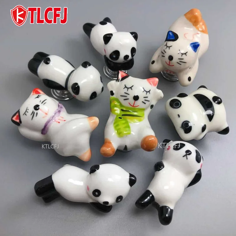 KTLCFJ Lovely Cartoon Panda Cat Shape Cabinet Door Knobs Drawer Dresser Ceramic Pulls and  Creative Kids Room Furniture Handles