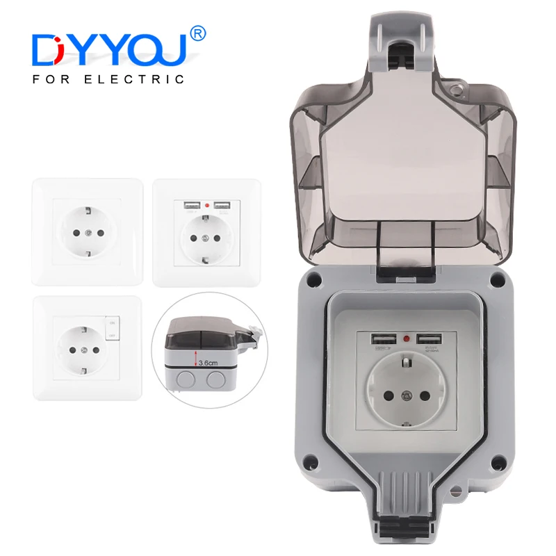 

IP66 EU Standard Large Plug Waterproof Outdoor Wall Switch Socket Power Socket With USB Suitable Home Workshop Outlet 16A