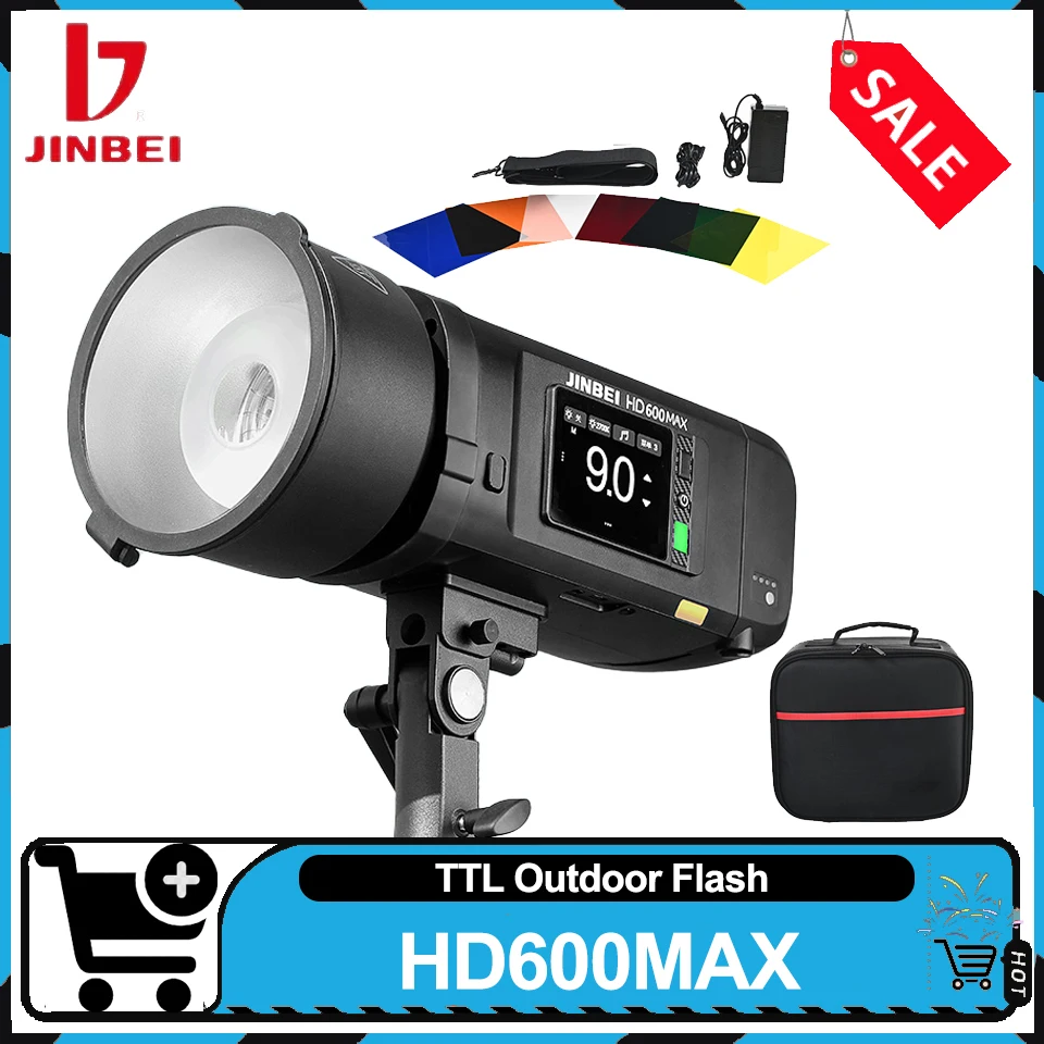

JINBEI HD600MAX TTL 1/8000s HSS Outdoor Flash 0.01-0.09s Recelying Bi-color 2700-6500K 40W LED Modeling Light