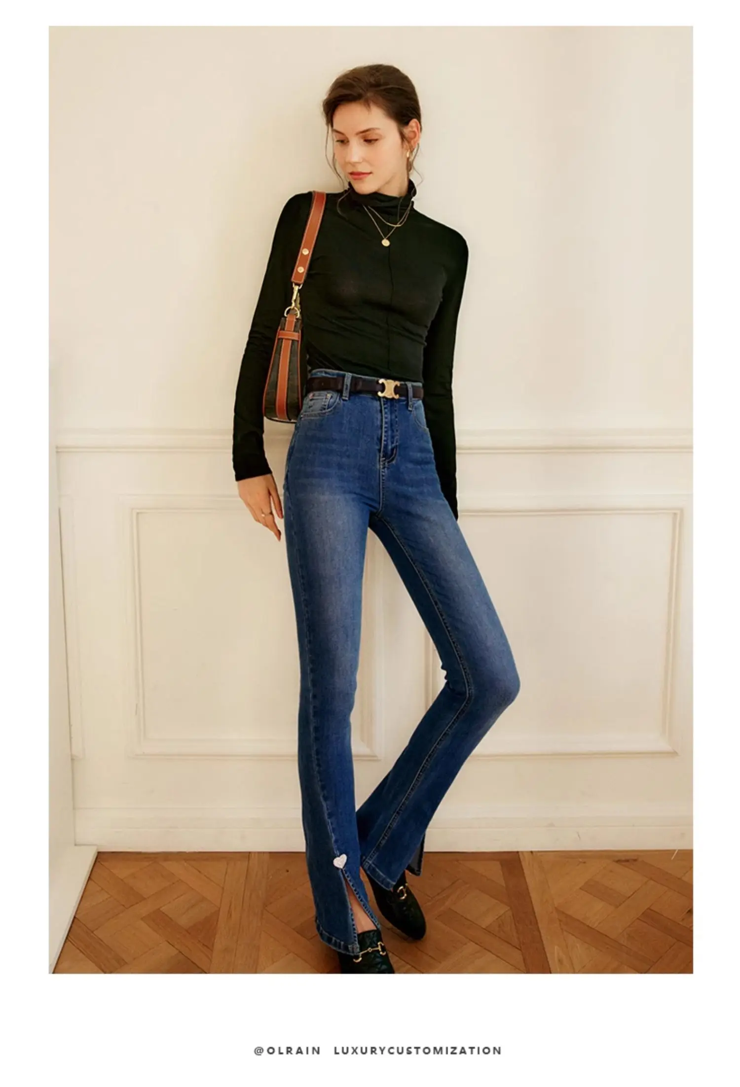 OLrain Slim Fit Turtleneck T-shirt for Women 2025 Autumn Black Fashion Knitted Long Sleeve Basic Soft Pullover Tops O21DM00302