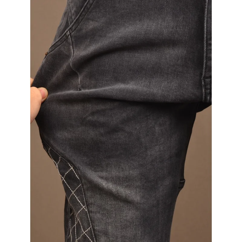 Black and Gray Stitching Jeans Men's Skinny Fashion Fashion Elastic Slim Fit Skinny Retro Washed Casual Motorcycle Men's Pants