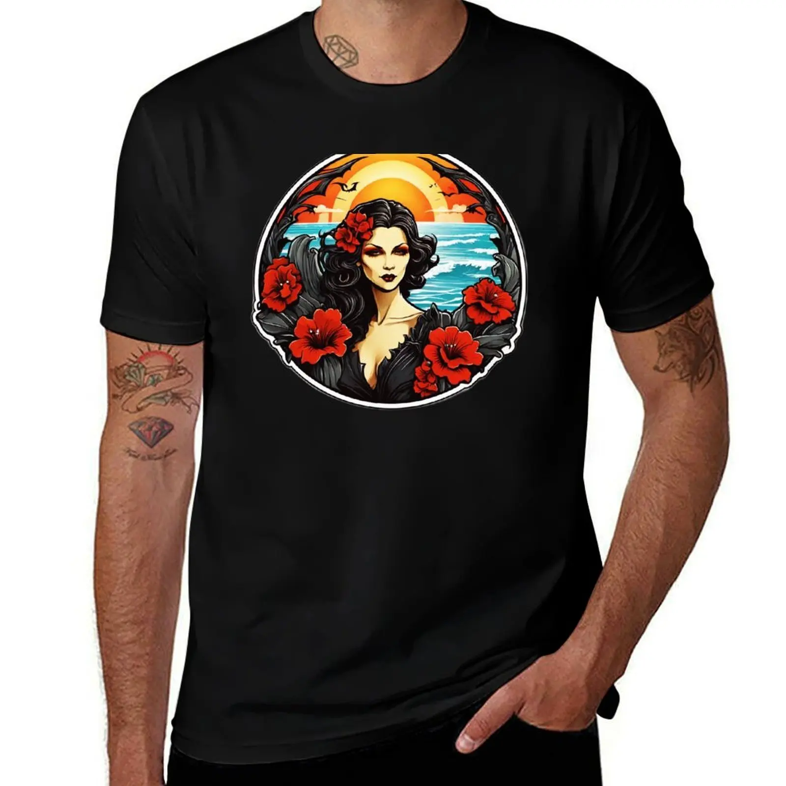 Gothic Vampire Lady with Red Lips and Orchids on a Beach at Sunset T-Shirt essential t shirt T-Shirt