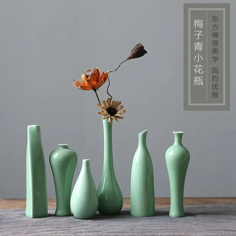 for Jingdezhen Ceramic Small Vase Wholesale Home Decoration Chinese Zen Ornaments Creative Simple Flower Plum Green