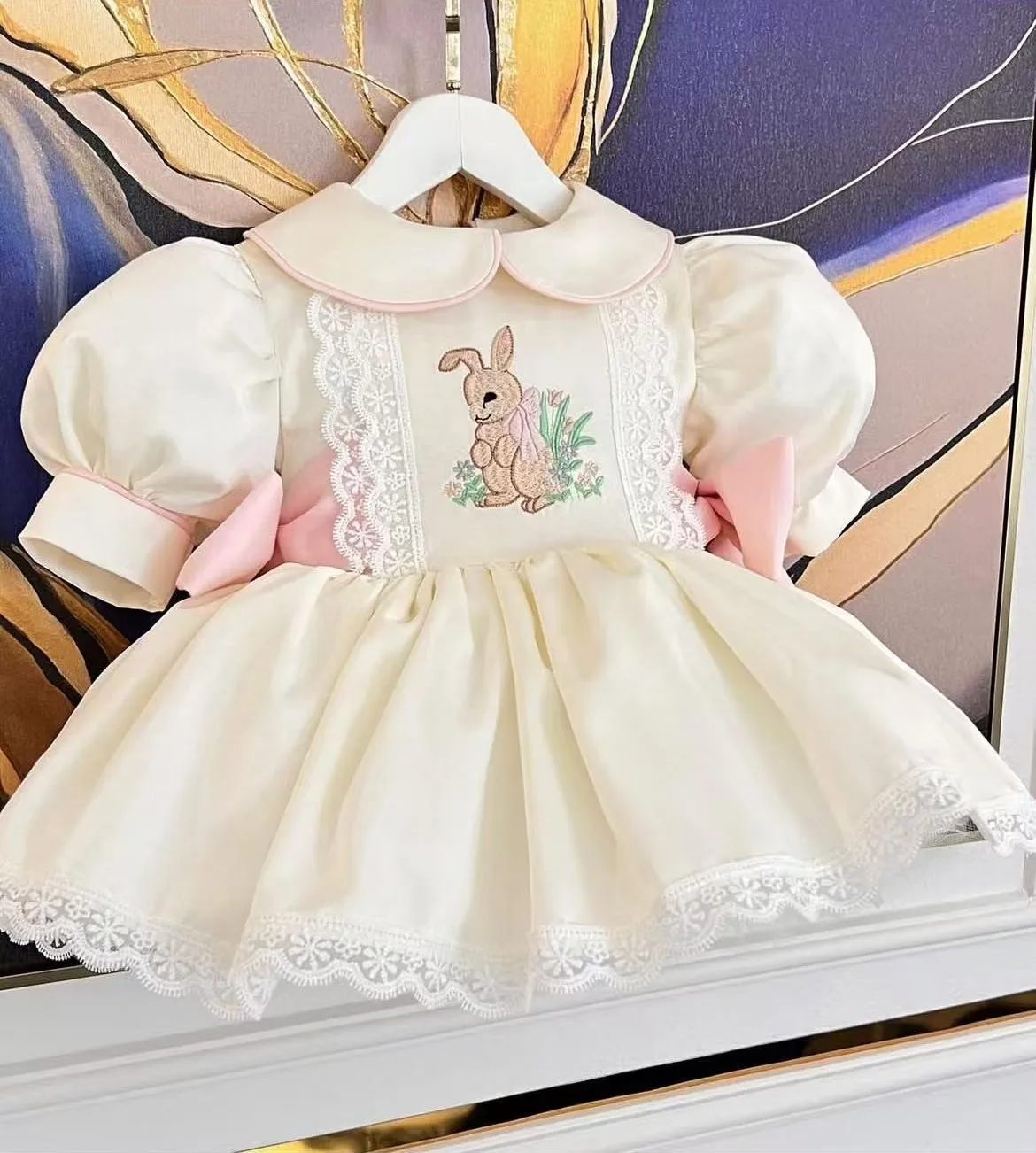 

0-12Y Baby Girl Summer Beige Rabbit Embroidery Vintage Princess Ball Gown Dress for Party Eid Birthday Usual Photograph B296