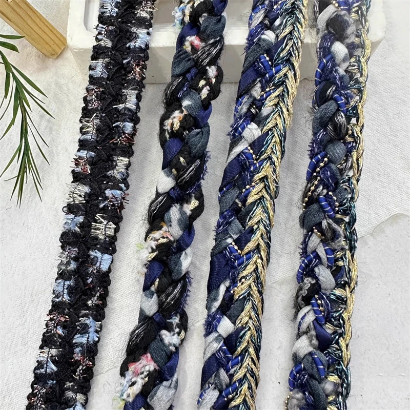 1.5cm Wide Handmade Black Blue Ribbon with Gold Thread Weaving Tweed Lace Clothing Color Matching Edge Pressing Strip Webbing