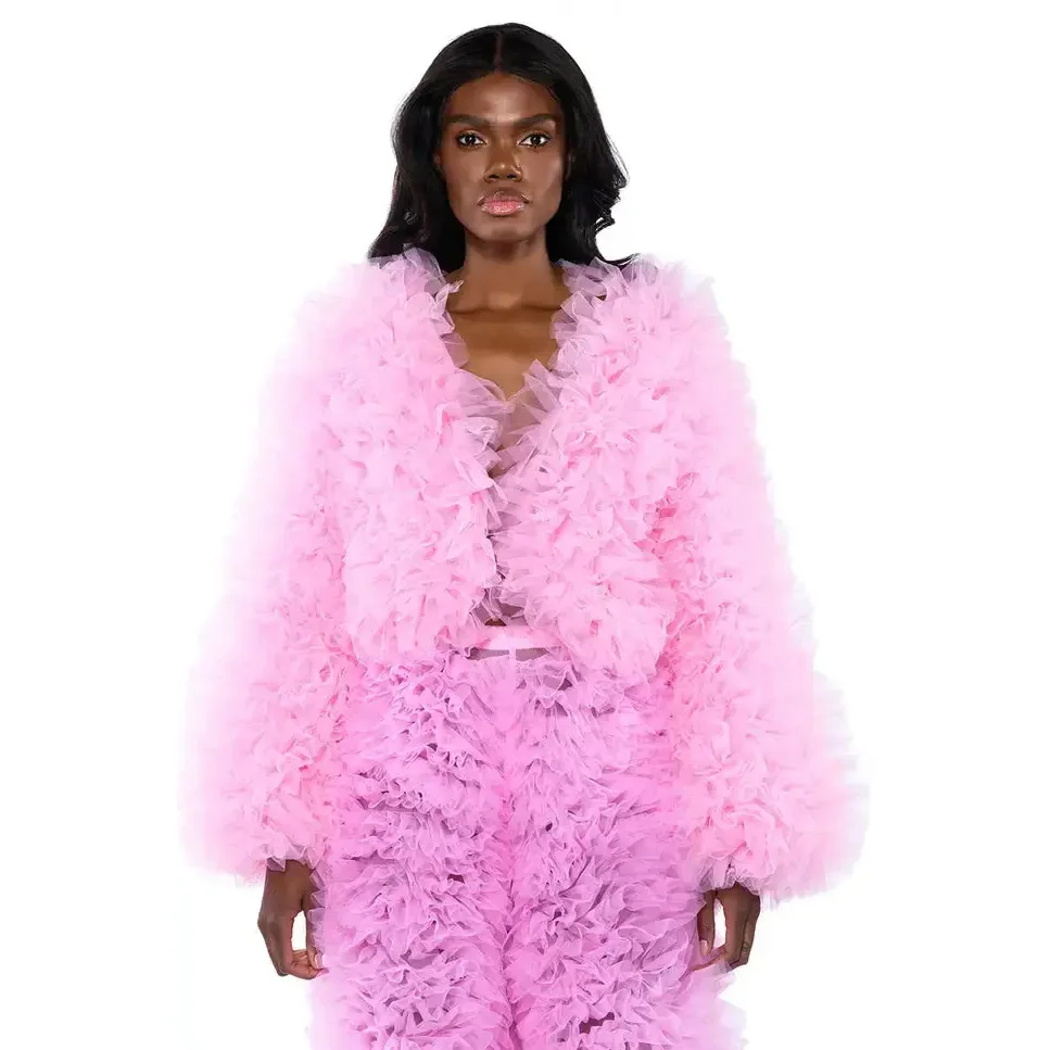 

Pink Layered Tulle Jackets with Sleeves Women Tops Tierred Jacket Female Outerwear Coat Lush Handmade