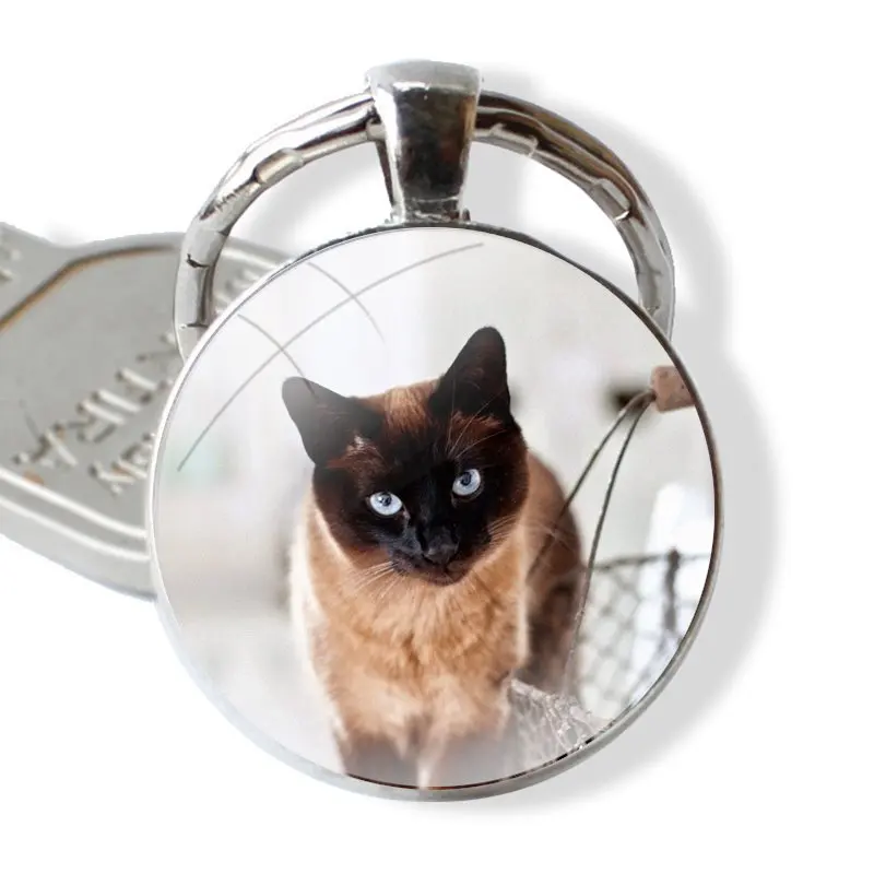 Keychain Handmade Glass Cabochon Key Ring Holder Pendant Key Chains Blue Point The Traditional Siamese Cat