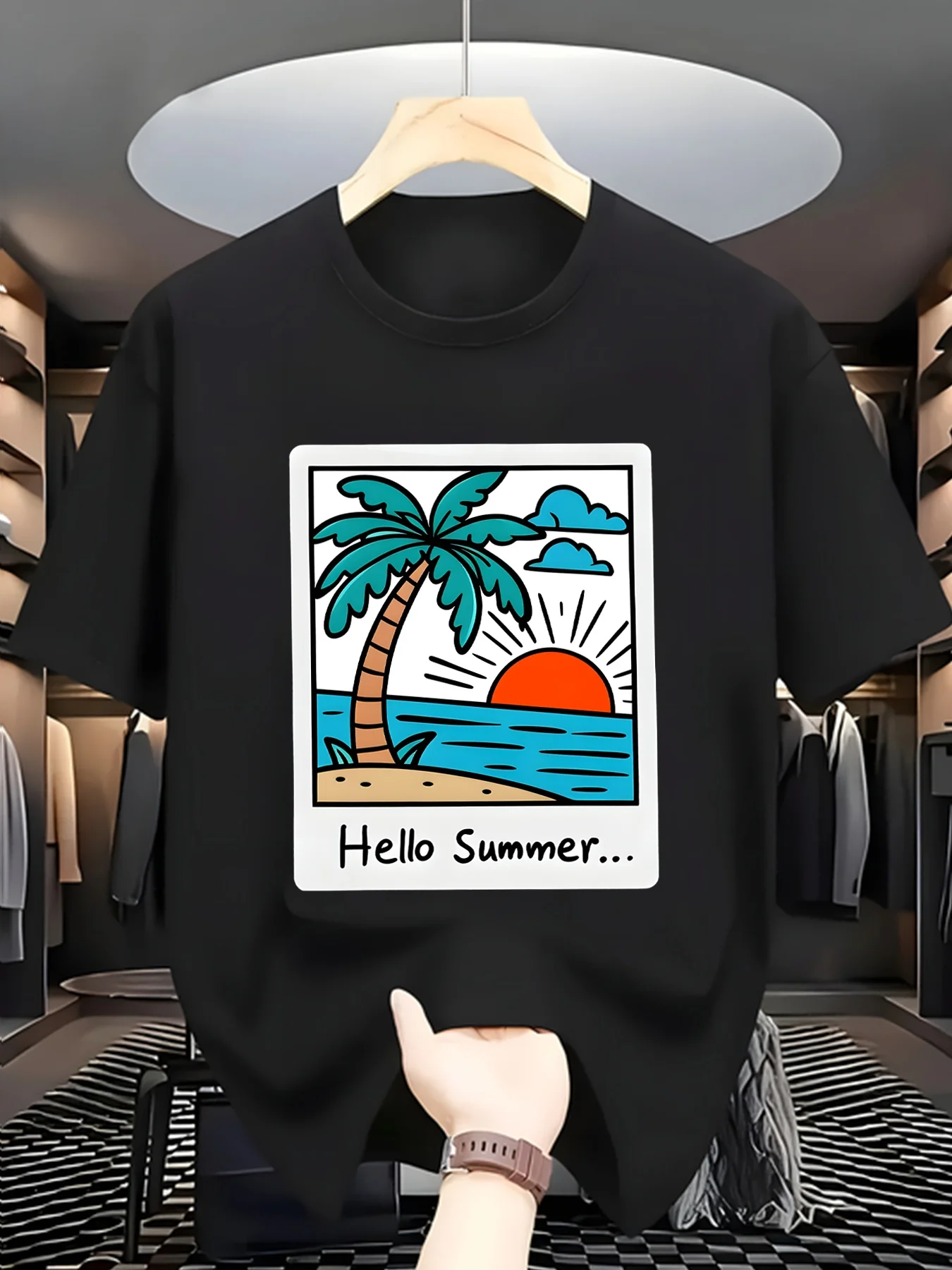

Cartoon Beach Graphic Printing Summer Autumn Winter Luxury Brand Pure Cotton Men's and Women's T-shirt Short Sleeve Outdoor