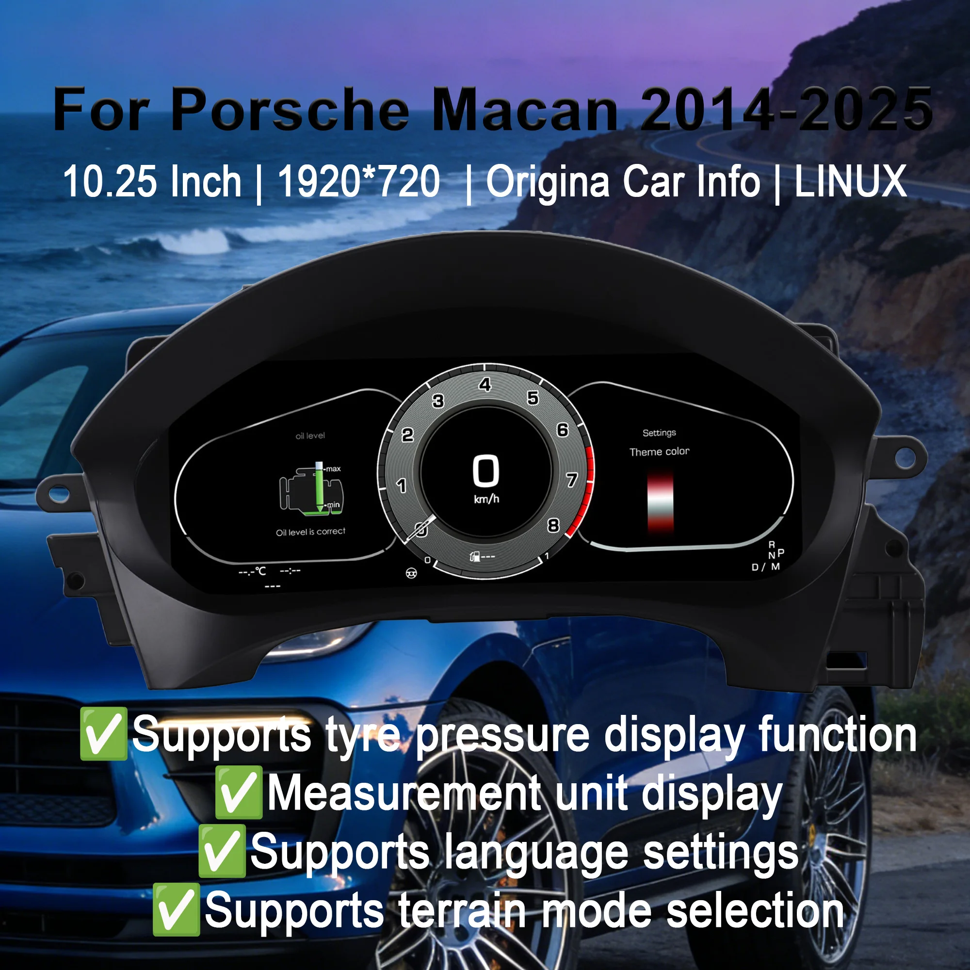 

Digital Instrument Cluster For Porsche Macan 2014-2025 Wireless Carplay Speedometer,Dashboard,Gauge,10.25 HD virtual cockpit LCD