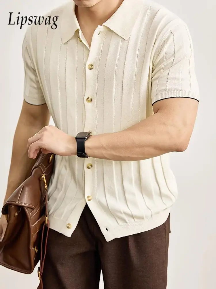 2026 Summer Fashion Mens Knitting Shirts Vintage Turn-down Collar Button-up Shirt Casual Slim Stretchy Knit Cardigan Tops