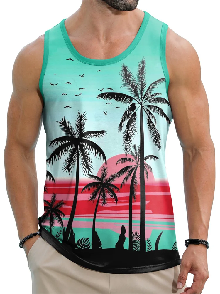 2024 New Summer Fashion Men's Sleeveless T-Shirt Classic Hawaiian Beach Coconut Print Men's Vest Extreme Sports Surf Vest