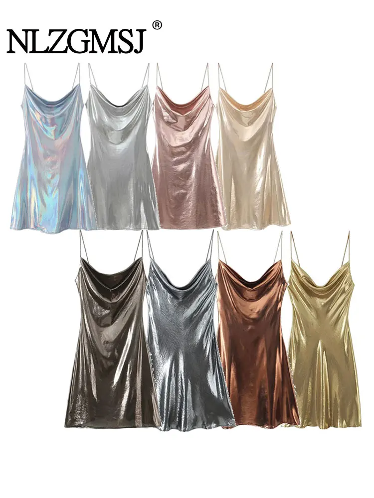 TRAF 2023 Autumn Sexy Women Beach Spaghetti Straps V Neck Cami Slip Dress Shiny Metallic Party Mini Dress