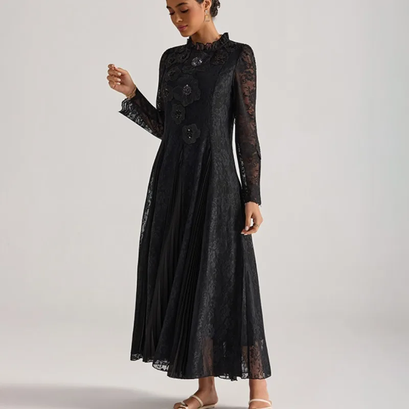 

Ele Lace Long Sve Dr 3D Flower Embroidery Heavy Work Autumn New Sle Women's Faion Dr Polyester Fiber