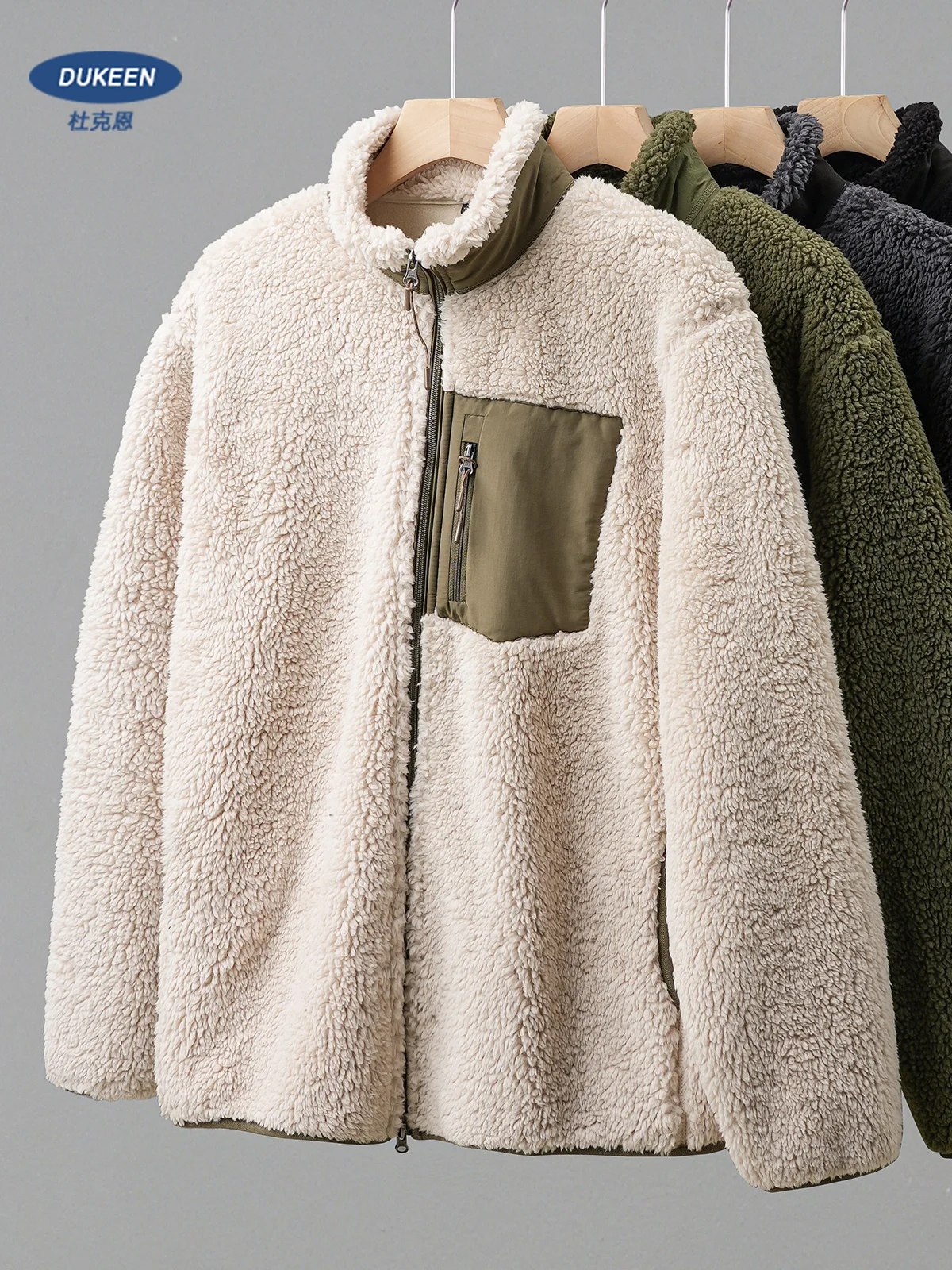 

DUKEEN Men's Fleece Jacket 2025 Autumn and Winter Vintage Casual Stand Neck Thick Warm Zipper Outerwear Men's Coats