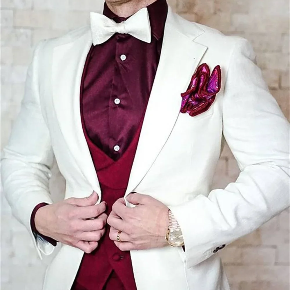 

Men Autumn Wedding Party Three Pieces Beige White Set Large Size Male Blazer Coat Pants and Vest Fashion Slim Fit Suit