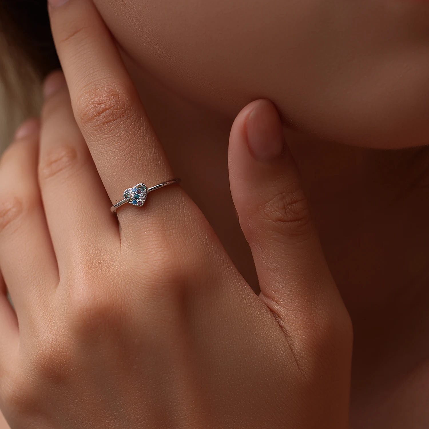 MODIAN 925 Sterling Silver Rainbow Cubic Zirconia Heart Ring Dainty Thin Stackable Finger Rings For Women Romantic Love Jewelry