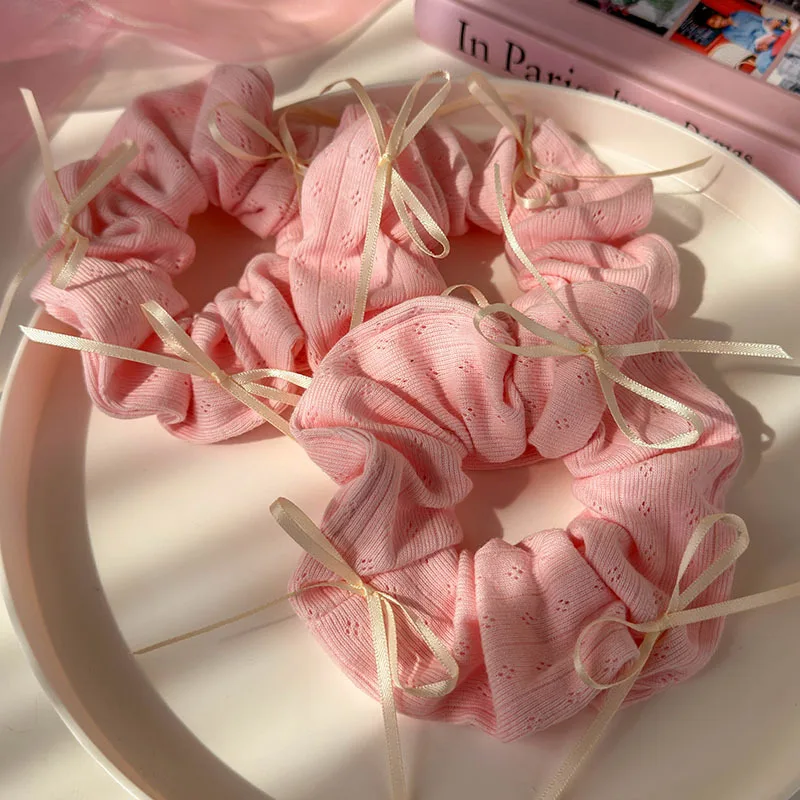 Pink Bow Hair Scrunchie Sweet Girl Spring Summer Gentle Ponytail Holder Premium Elastic Lightweight Comfortable Band For Women