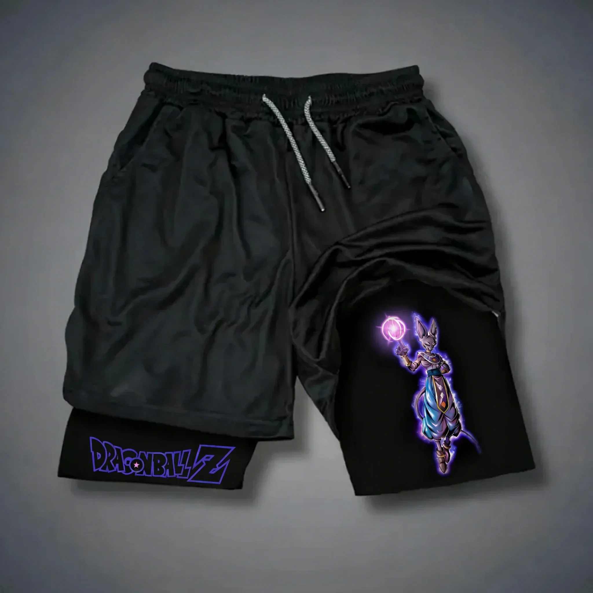 Dragon Ball Anime Beerus bedruckte doppellagige Shorts 2026 Sommer Herren Fitness schnell trocknende atmungsaktive Sport 2-in-1-Shorts
