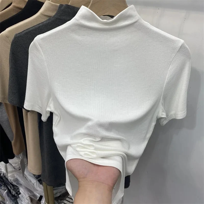 Threaded Short Sleeves Women T-shirts Summer New 2022 Turtleneck Solid Slim Elastic Long-sleeved Female Buttoming Pulls Top Tees