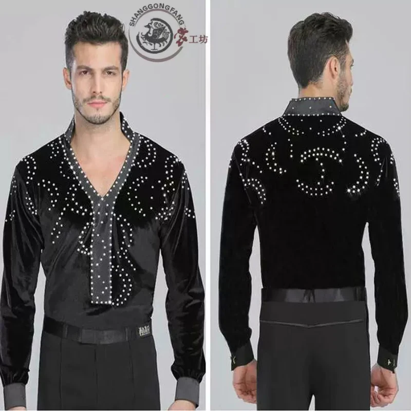 長袖社交ラテンダンス服男性高品質標準黒光沢のある紳士ワルツフラメンコダンス Tシャツ