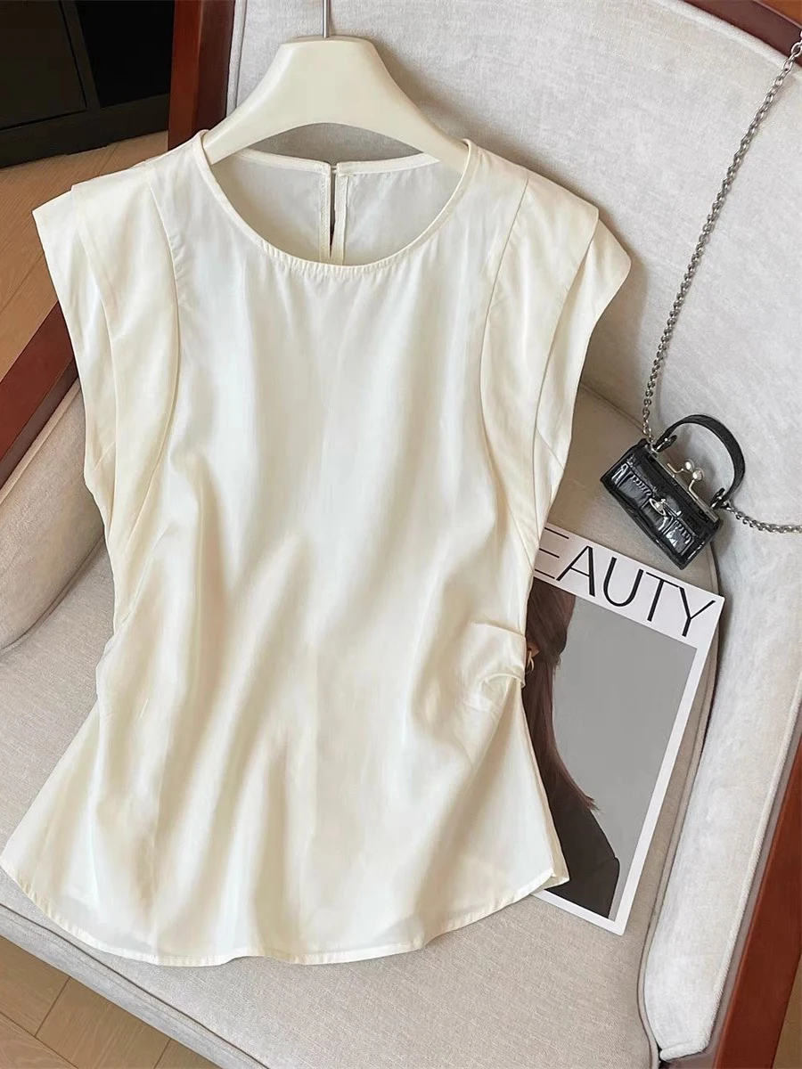 

Летняя элегантная женская блузка без рукавов с круглым вырезом, маленького размера, с рукавами-фонариками, антивозрастной эффект, модная женская одежда