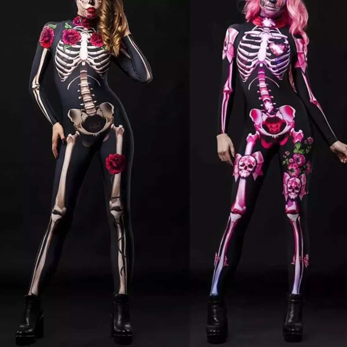 Women Cosplay Skeleton Rose Sexy Bodysuit Halloween Devil Ghost Specter Jumpsuit Romper Party Carnival Performance Scary Costume