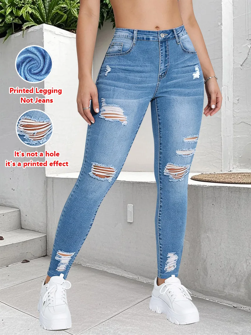 1257 Ladies Printed Denim Look Slim Fit Pants Non-Leather Material Wearable All Seasons Casual Wear