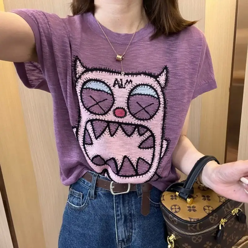 

Fashion All-match Cartoon Pattern Spliced Solid Color T-shirt for Female Summer Korean Casual Short Sleeve Tops Women's Clothing