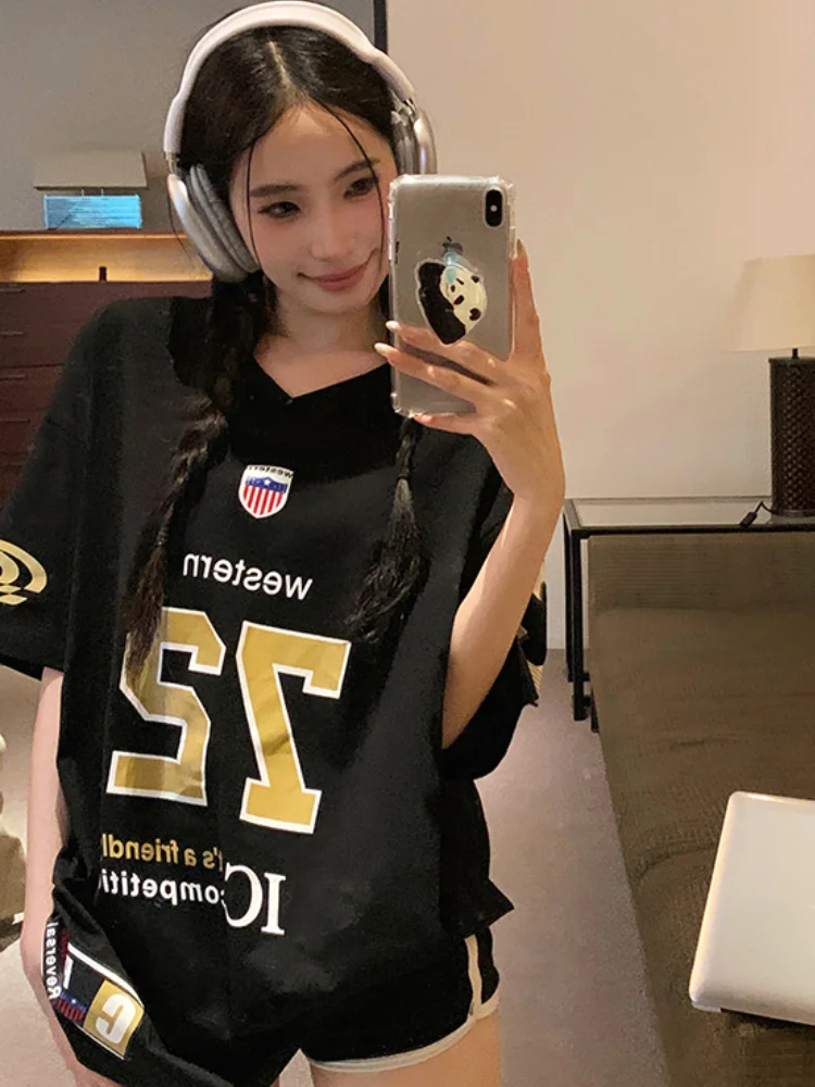 

ADAgirl Sports Letter Graphic T Shirts for Women Short Shoulder Contrast V-neck Loose Tops Streetwear Football Clothes Summer