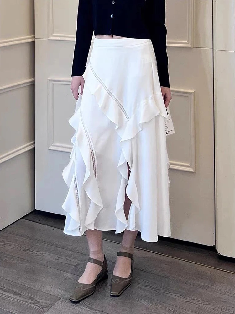 White ruffled A-line long half-body skirt temperament elegant splicing lace asymmetric slanting slit women's skirt 2024 new